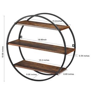 BCOZLUX Floating Shelves, 3 Tier Decorative Geometric Circle Metal and Wood Wall Shelves, Bathroom Shelf Round Wall Decor, Rustic Brown