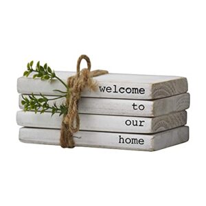 parisloft welcome to our home decorative faux book stack decor, small home decor tied with twine and greenery, farmhouse sign for tray, coffee table, shelf, or mantel,white
