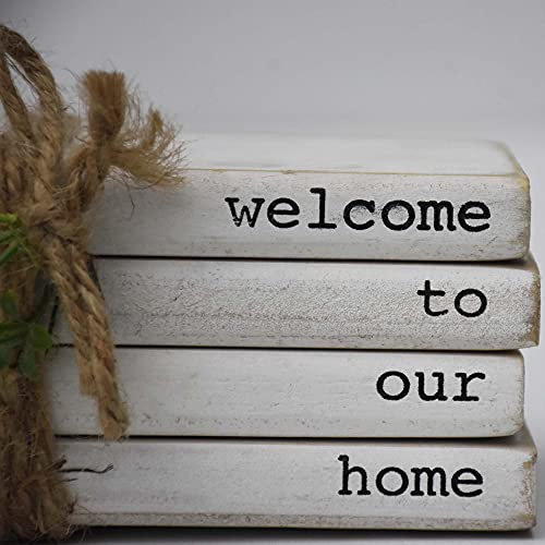 Parisloft Welcome to Our Home Decorative Faux Book Stack Decor, Small Home Decor Tied with Twine and Greenery, Farmhouse Sign for Tray, Coffee Table, Shelf, or Mantel,White