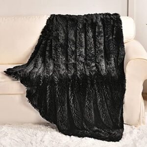 yusoki black faux fur throw blanket,2 layers,50″ x 60″, soft fuzzy fluffy plush furry comfy warm cozy blanket for couch bed chair sofa bedroom mens gift