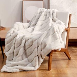 cozy bliss luxury super soft striped faux fur throw blanket for couch, 60″x80″ beige, warm milky plush blanket for sofa bed living room bedroom (stripe-beige)