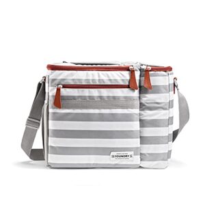 foundry by fit + fresh, brooks dual-compartment insulated cooler bag with wine cooler compartment, food & beverage beach bag, picnic basket, perfect for tailgating & camping accessories, grey stripe