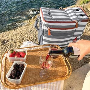 Foundry by Fit + Fresh, Brooks Dual-Compartment Insulated Cooler Bag with Wine Cooler Compartment, Food & Beverage Beach Bag, Picnic Basket, Perfect for Tailgating & Camping Accessories, Grey Stripe