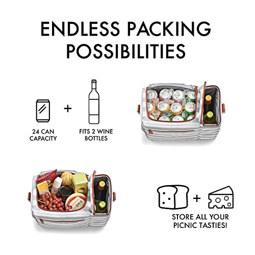 Foundry by Fit + Fresh, Brooks Dual-Compartment Insulated Cooler Bag with Wine Cooler Compartment, Food & Beverage Beach Bag, Picnic Basket, Perfect for Tailgating & Camping Accessories, Grey Stripe