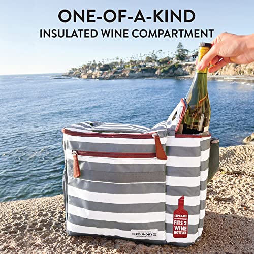 Foundry by Fit + Fresh, Brooks Dual-Compartment Insulated Cooler Bag with Wine Cooler Compartment, Food & Beverage Beach Bag, Picnic Basket, Perfect for Tailgating & Camping Accessories, Grey Stripe