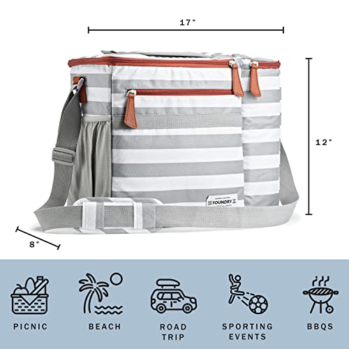Foundry by Fit + Fresh, Brooks Dual-Compartment Insulated Cooler Bag with Wine Cooler Compartment, Food & Beverage Beach Bag, Picnic Basket, Perfect for Tailgating & Camping Accessories, Grey Stripe
