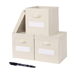 collapsible storage containers cubes 3pcs fabric cube storage bins with lids for organizing shelves home bedroom closet office,storage boxes baskets organizer with label & pen,large (beige)