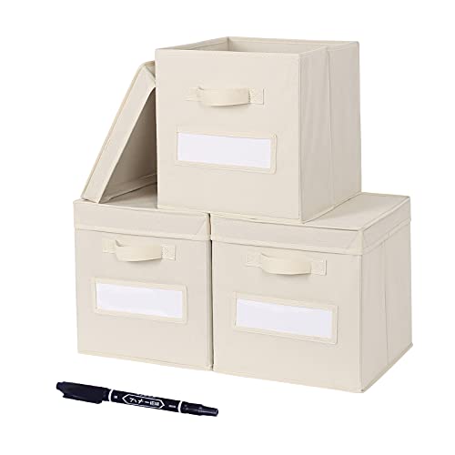 Collapsible Storage Containers Cubes 3pcs Fabric Cube Storage Bins with Lids for Organizing Shelves Home Bedroom Closet Office,Storage Boxes Baskets Organizer with Label & Pen,Large (Beige)