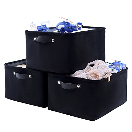 FENQDOOU Large Velvet Storage Bins, Storage Baskets with Sturdy Handles,Collapsible 3 pack Storage Box Suitable for Home ,Closet,Office ,Nursery, Shelf, Toys 15.7x11.8x8.2 inches(Black)