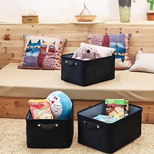 FENQDOOU Large Velvet Storage Bins, Storage Baskets with Sturdy Handles,Collapsible 3 pack Storage Box Suitable for Home ,Closet,Office ,Nursery, Shelf, Toys 15.7x11.8x8.2 inches(Black)