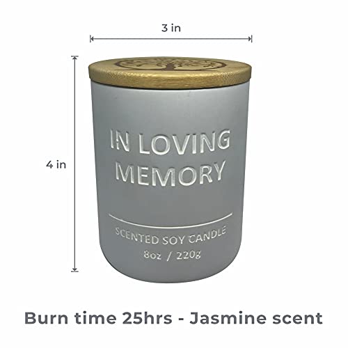 Sympathy Memorial Candle for Loss of Loved one. Natural Soy Wax Jasmine Scent Candle with Tree of Life lid. Remembrance Candle Gift Boxed with Card to Write a Personal Message of Condolence.