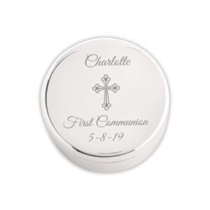 cherished moments personalized small round jewelry keepsake box that has custom engraved cross and message for first communion gift for girls, silver toned