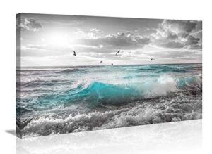 framed wall art canvas ocean decor beach theme bedroom large sunset blue ocean waves seagulls panels for interior bathroom wall décor scenery bed dining room peel and stick decorative 24″x48″