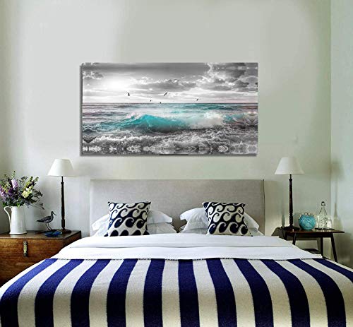 Framed Wall Art Canvas Ocean Decor Beach Theme Bedroom Large Sunset Blue Ocean Waves Seagulls Panels for Interior Bathroom Wall Décor Scenery Bed Dining Room Peel And Stick Decorative 24"x48"