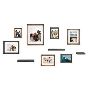 kate and laurel bordeaux gallery wall frame and shelf kit, set of 10, rustic brown and charcoal gray, assorted size frames and three display shelves