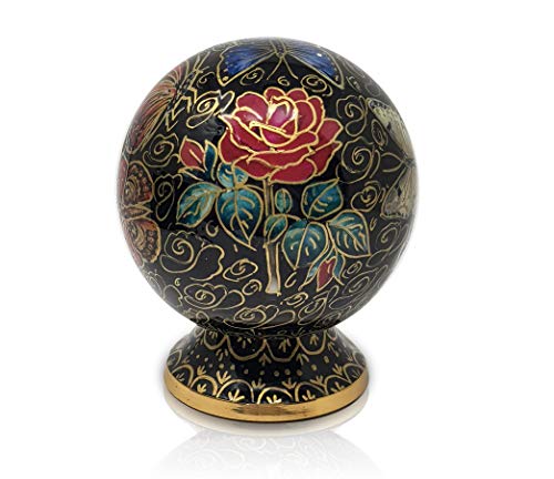 Precious Handicraft Keepsake Butterflies on Rose Floral Globe Style Cremation Urn - 100% Handcrafted Adult Funeral Urn - Solid Affordable Large Urn for Human Ashes, (Black)