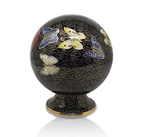 Precious Handicraft Keepsake Butterflies on Rose Floral Globe Style Cremation Urn - 100% Handcrafted Adult Funeral Urn - Solid Affordable Large Urn for Human Ashes, (Black)