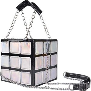 QZUnique Women's Cute Cube Shape Handbag Magic Crossbody Shoulder Bag Clutch Bag Silver With Super Long Shoulder Strap