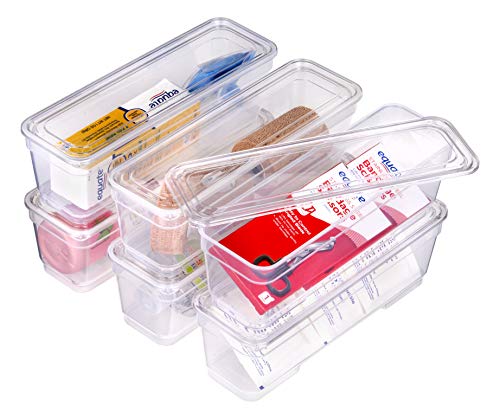 AB Designs Bin Pack, [6] Long Home Organizer Storage Boxes with Lids, Translucent Clear
