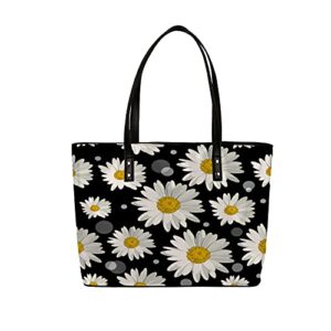 leather tote shoulder bags for womens flower floral daisy handbags large capacity with zipper for work travel school dating lightweight water resistant hobo bag