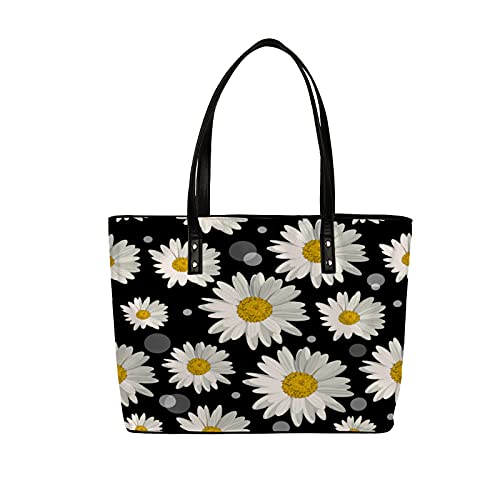 Leather Tote Shoulder Bags for Womens Flower Floral Daisy Handbags Large Capacity with Zipper for Work Travel School Dating Lightweight Water Resistant Hobo Bag