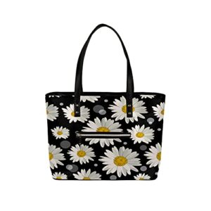 Leather Tote Shoulder Bags for Womens Flower Floral Daisy Handbags Large Capacity with Zipper for Work Travel School Dating Lightweight Water Resistant Hobo Bag