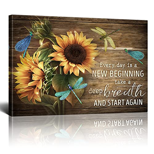 DRAWPRO Rustic Farm Sunflower Wall Art Sunflower Dragonfly Canvas Print Paintings Framed Inspirational Quotes Pictures Modern Home Decor For Living Room Kitchen Bathroom Ready To Hang,12x16 Inch