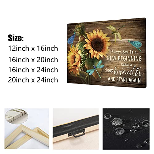 DRAWPRO Rustic Farm Sunflower Wall Art Sunflower Dragonfly Canvas Print Paintings Framed Inspirational Quotes Pictures Modern Home Decor For Living Room Kitchen Bathroom Ready To Hang,12x16 Inch