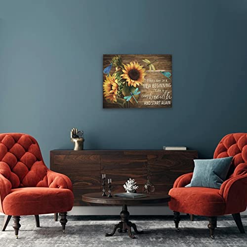 DRAWPRO Rustic Farm Sunflower Wall Art Sunflower Dragonfly Canvas Print Paintings Framed Inspirational Quotes Pictures Modern Home Decor For Living Room Kitchen Bathroom Ready To Hang,12x16 Inch