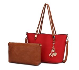 mkf 2-pc set, tote handbag for women, satchel pouch – pu leather purse – crossbody shoulder bag lady pocketbook red