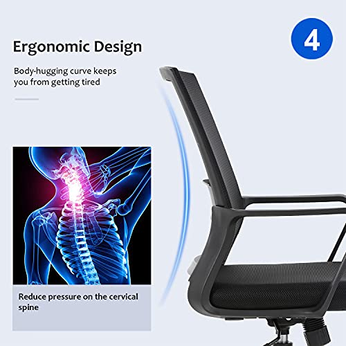 Home Office Chair Ergonomic Desk Chair Mid-Back Mesh Computer Chair Lumbar Support Comfortable Executive Adjustable Rolling Swivel Task Chair with Armrests,Black