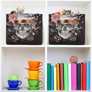 WELLDAY 1PCS Storage Basket Black Rose Skull Large Foldable Storage Bin Cube Collapsible Organizer