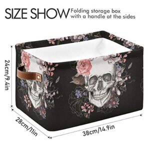 WELLDAY 1PCS Storage Basket Black Rose Skull Large Foldable Storage Bin Cube Collapsible Organizer