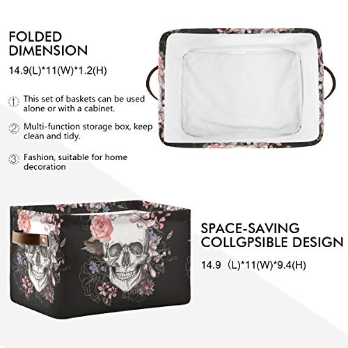 WELLDAY 1PCS Storage Basket Black Rose Skull Large Foldable Storage Bin Cube Collapsible Organizer