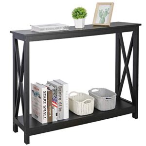 super deal 2-tier narrow console sofa side table for entryway/hallway/living room, 39.3in l x 11.8in w x 31.6in h, black