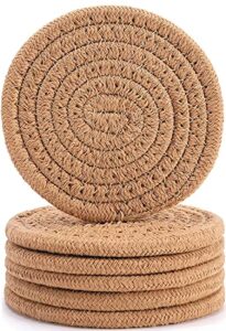 abenkle 6 pcs coasters for drinks,super absorbent drink coasters, stylish handmade round woven coasters for coffee table tabletop protection housewarming gift home decor – 4.3 inches, brown