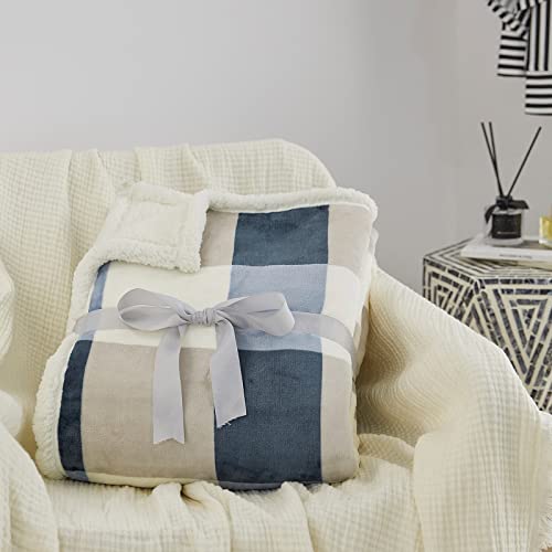 PU MEI Sherpa Fleece Throw Blanket 60" x 80" Reversible Plush Fluffy Lattice Flannel Blankets for Sofa Couch Bed, Grey-Soft Blue