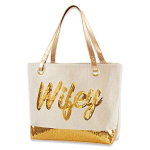 kate aspen sequin wifey canvas tote bag, one size, white
