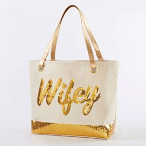 Kate Aspen Sequin Wifey Canvas Tote Bag, One Size, White