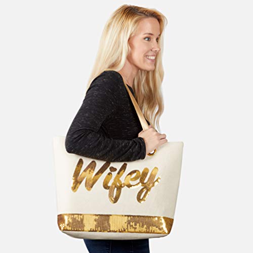 Kate Aspen Sequin Wifey Canvas Tote Bag, One Size, White