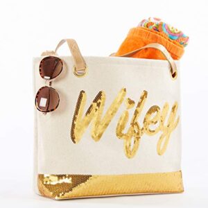 Kate Aspen Sequin Wifey Canvas Tote Bag, One Size, White