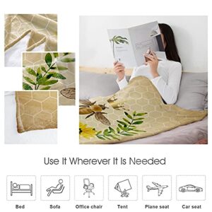 Bee Throw Blanket 50" x 60", Lightweight Super Soft Bed Blanket for Bedroom Living Rooms, Cozy Fleece Comfy Microfiber Throw Blankets for Couch Sofa, Hexagonal Pattern Honeycomb Beehive Sunflower