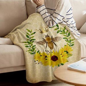 Bee Throw Blanket 50" x 60", Lightweight Super Soft Bed Blanket for Bedroom Living Rooms, Cozy Fleece Comfy Microfiber Throw Blankets for Couch Sofa, Hexagonal Pattern Honeycomb Beehive Sunflower