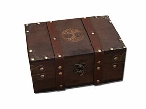 gbrand 8.3″ wood and leather chest box with velvet lining, yggdrasil tree of life engraved wooden box, pentacle wiccan supplies and tools storage box, home decor box (tree of life)