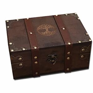 Gbrand 8.3" Wood and Leather Chest Box with Velvet Lining, Yggdrasil Tree of Life Engraved Wooden Box, Pentacle Wiccan Supplies and Tools Storage Box, Home Decor Box (Tree of Life)