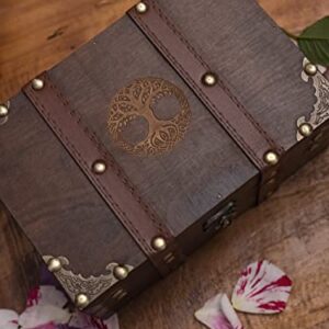 Gbrand 8.3" Wood and Leather Chest Box with Velvet Lining, Yggdrasil Tree of Life Engraved Wooden Box, Pentacle Wiccan Supplies and Tools Storage Box, Home Decor Box (Tree of Life)