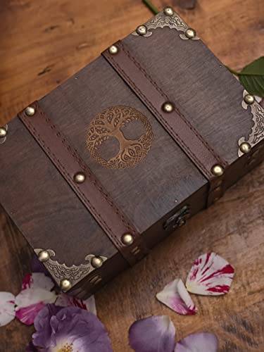Gbrand 8.3" Wood and Leather Chest Box with Velvet Lining, Yggdrasil Tree of Life Engraved Wooden Box, Pentacle Wiccan Supplies and Tools Storage Box, Home Decor Box (Tree of Life)
