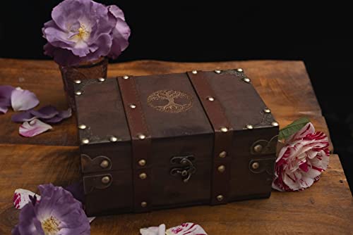 Gbrand 8.3" Wood and Leather Chest Box with Velvet Lining, Yggdrasil Tree of Life Engraved Wooden Box, Pentacle Wiccan Supplies and Tools Storage Box, Home Decor Box (Tree of Life)