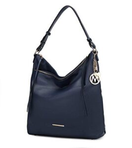 mkf hobo bag for women – pu leather shoulder purse pocketbook fashion – top handle multi pocket handbag elise navy blue
