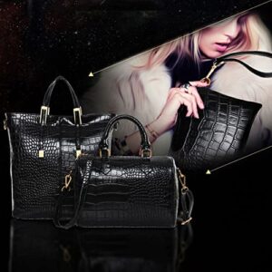 Downupdown Women Handbags and Purses Set Crocodile Pattern Tote Bags Top Handle Handbags Wristlets Wallet Shoulder Bag Satchel 3 Pcs with Shoulder Strap-Black